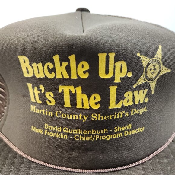 Vintage Trucker Hat Snapback Cap Buckle Up It's The Law Sheriff's Dept Brown 90s - Picture 2 of 10